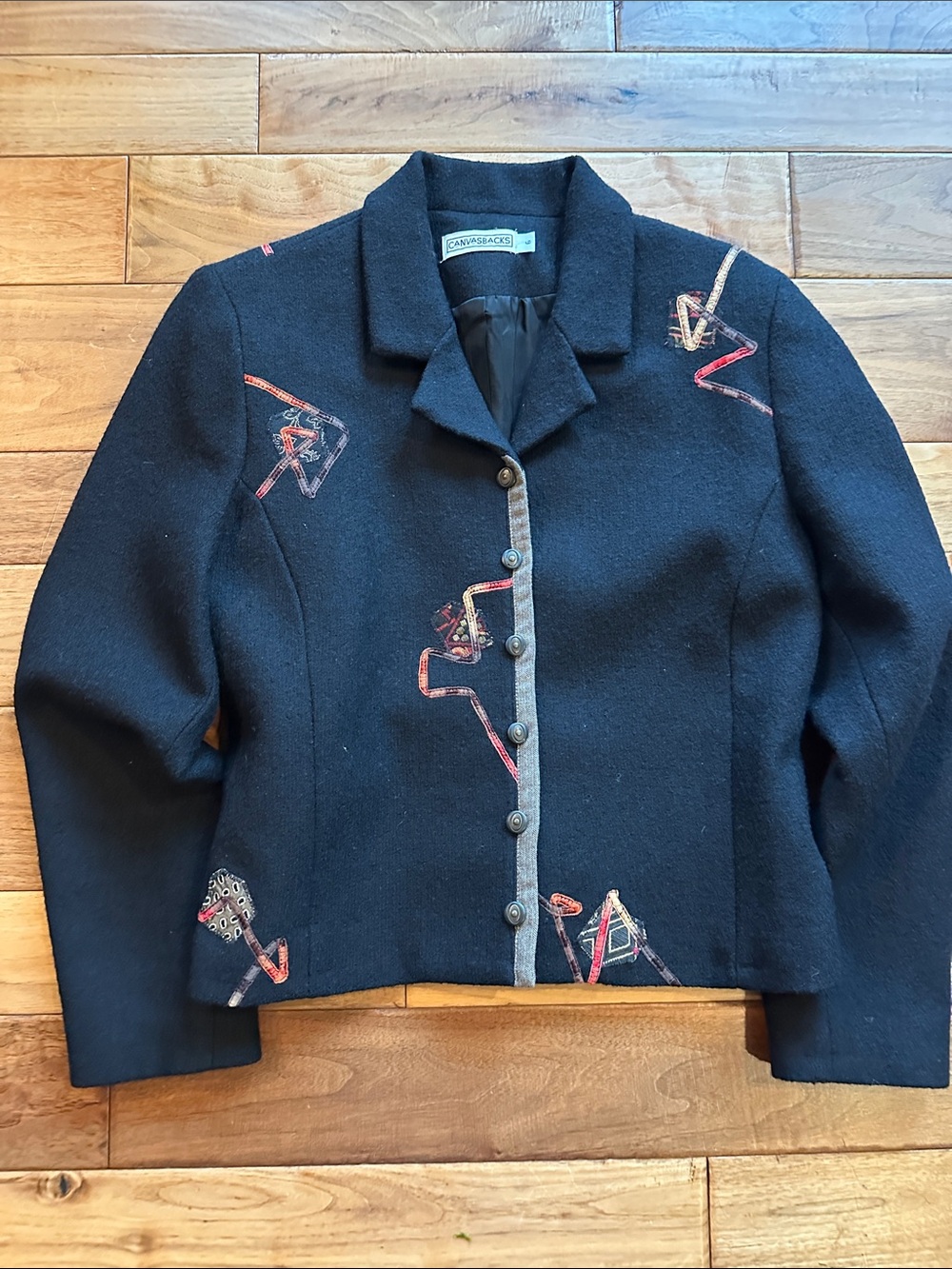 Vtg Canvasbacks wool blend abstract design cropped jacket Sz 6